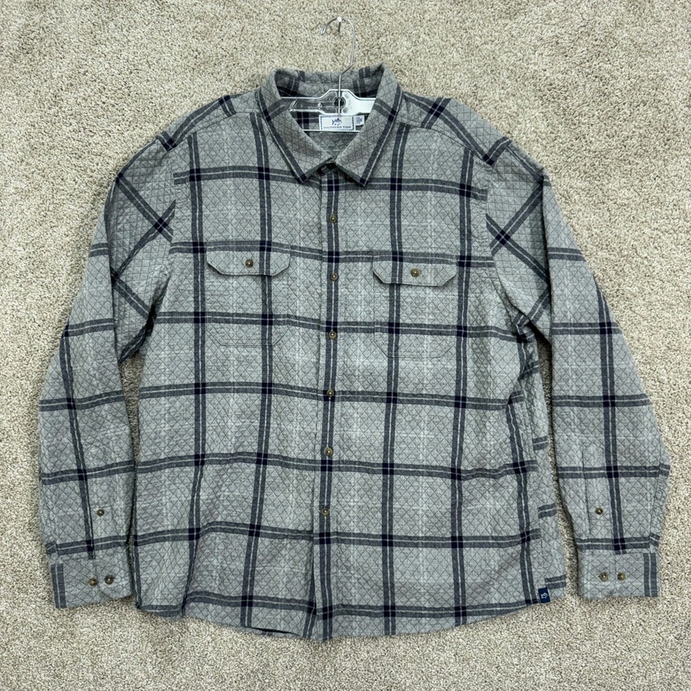 Southern Tide Quilted Shirt Jacket Men XL Gray Plaid Button Up Long Sleeve